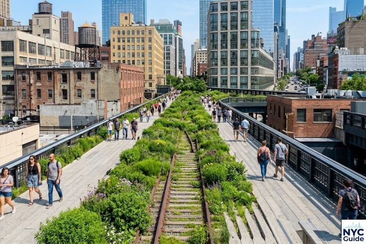High Line Park elevated walkway with plants and old railway tracks
