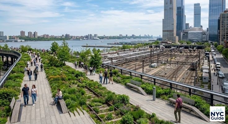 High Line Rail Yards section with open space and Hudson River view