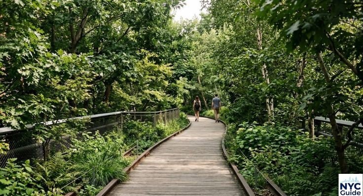 Woodland Flyover pathway with trees on High Line NYC