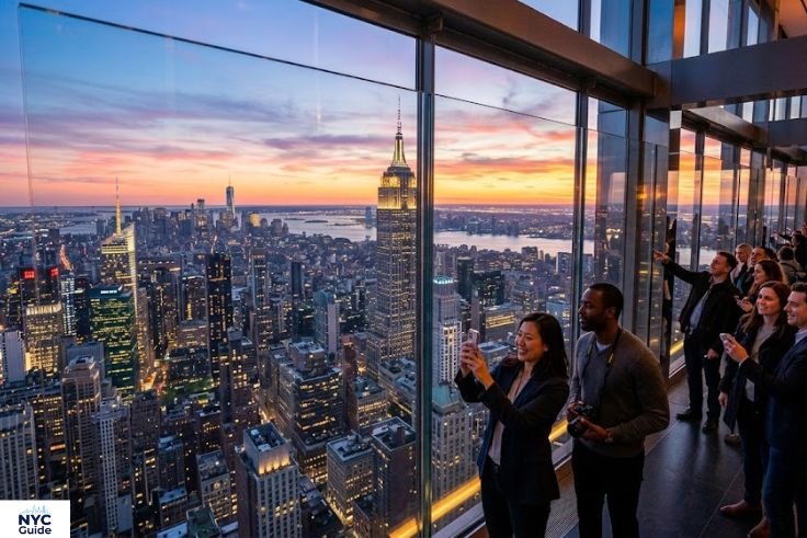 Visitors enjoying skyline views from an indoor NYC observation deck