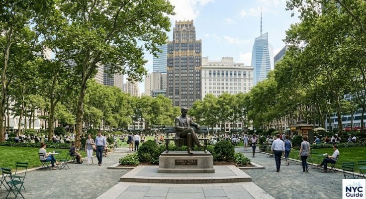 Nikola Tesla statue in Bryant Park NYC