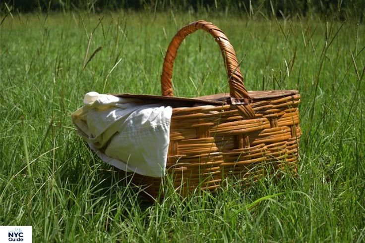 “Picnic essentials including blanket, food, sunscreen, and cooler bag”