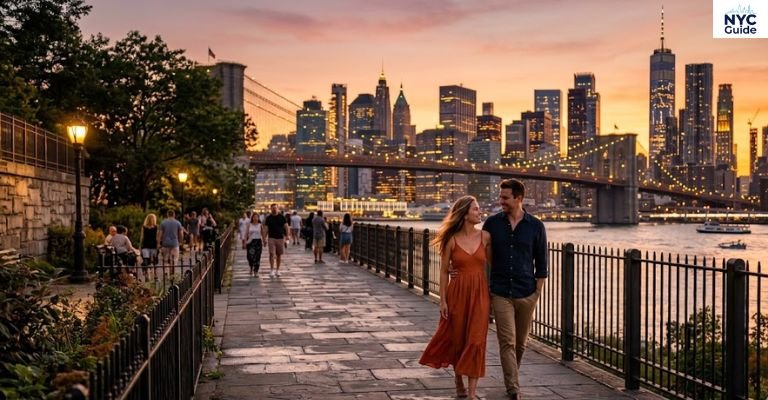 Couple enjoying sunset views of Lower Manhattan skyline from Brooklyn Heights Promenade