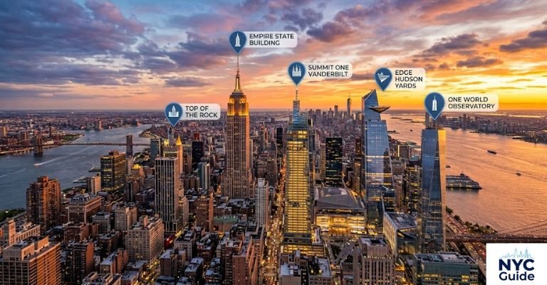 Map showing the locations of the five major NYC observation decks