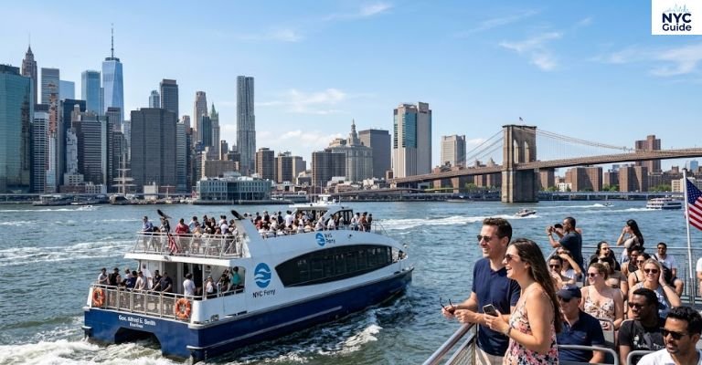 NYC Ferry passing Manhattan waterfront with skyline in background