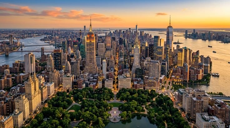 New York City skyline featuring Central Park and Manhattan landmarks