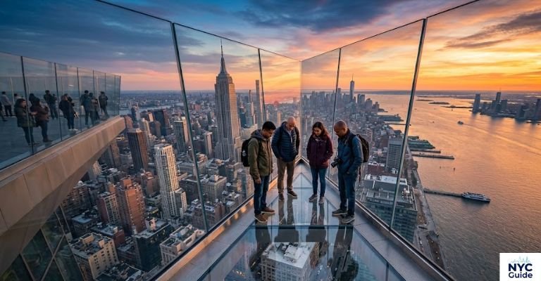 Visitors enjoying the glass floor at Edge observation deck in NYC