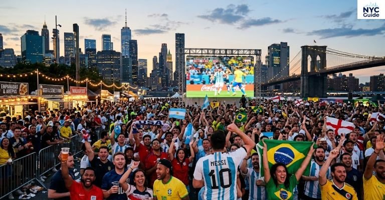 FIFA World Cup fan zone in New York City with large outdoor screen and cheering fans